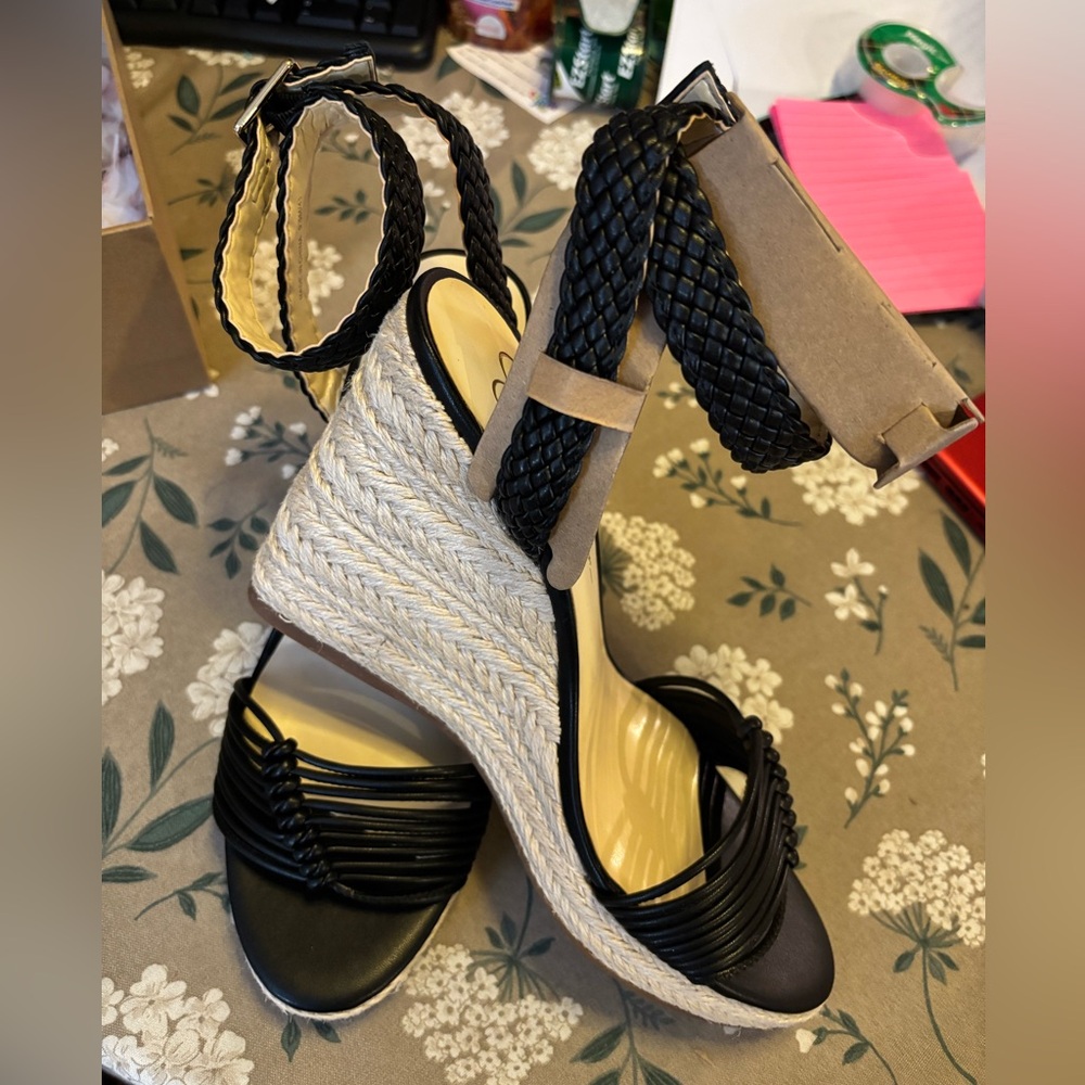 Jessica Simpson Talise Black Wedge Strap Heels. Size 9.5 Medium. NIB